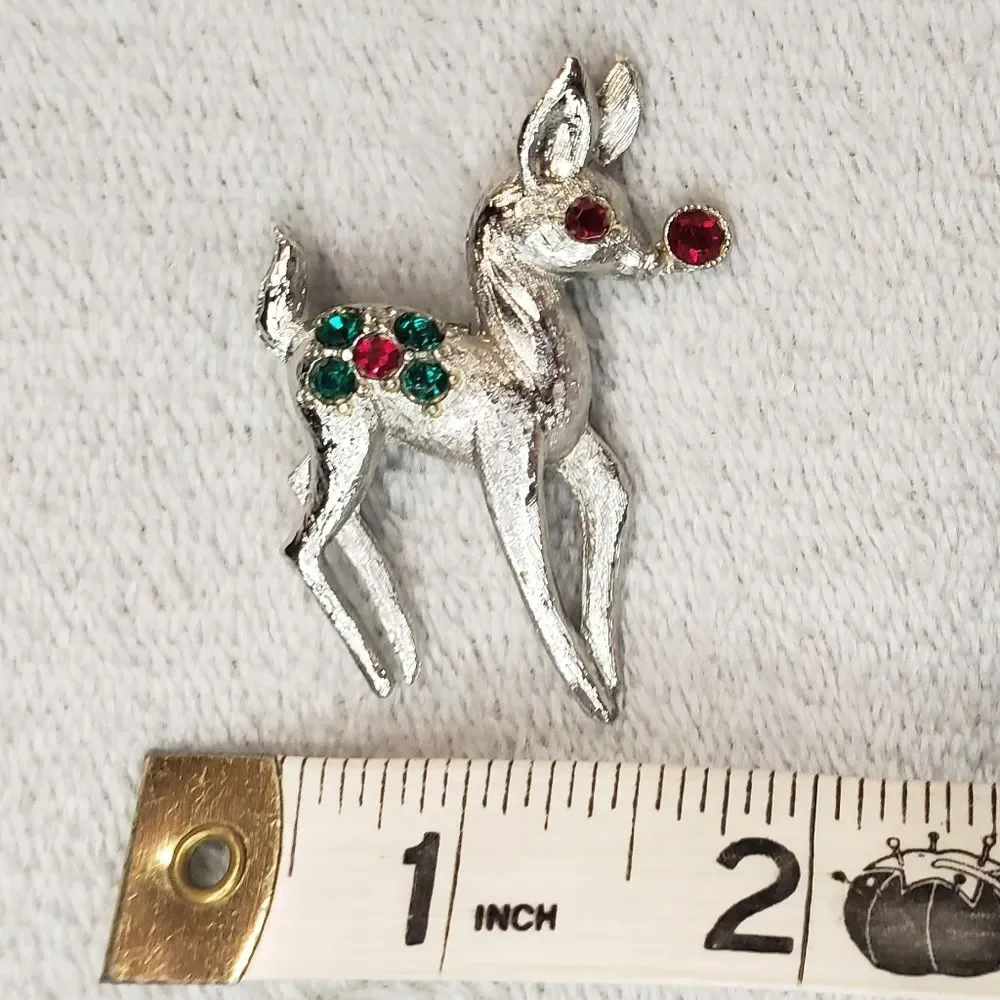 Reindeer Brooch Silver, red and green gem stones